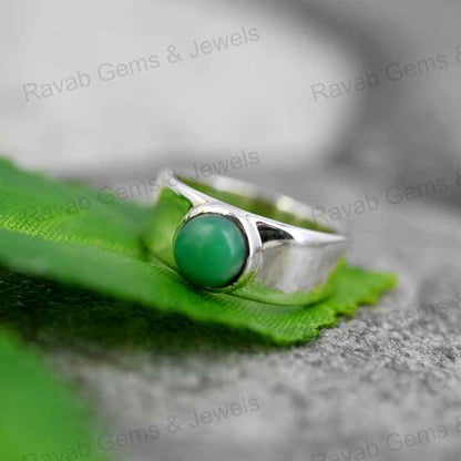 Handmade 7mm Natural Australian Chrysoprase Crystal Round Cut Cabochon 925 Silver Bezel Chunky Band Ring Fine Jewelry For Women