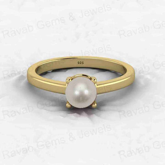 Best Selling Genuine 925 Silver Gold Vermeil Solitaire Eternity 6mm Fresh Water Pearl Prong Setting Ring Fine Jewelry for Women
