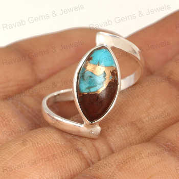 Best Quality Solid 925 Sterling Silver Fine Ring Multicolor Oyster Turquoise Marquise Shape 7x15mm Bezel Setting Rhodium