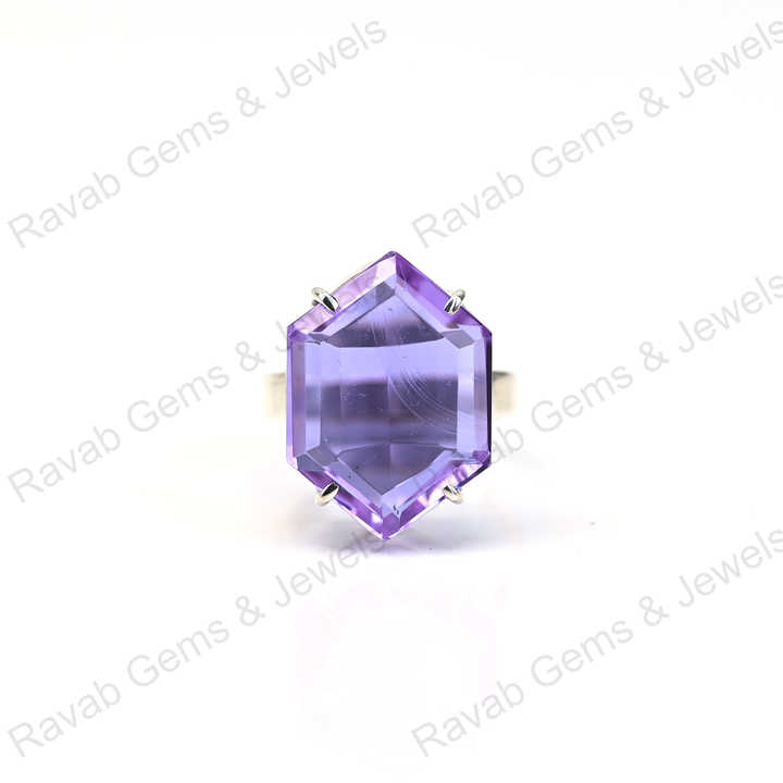 New Arrival Top Quality Solid 925 Sterling Silver Purple Amethyst Quartz Hexagon Cut Shape Ring for Women Fine Handmade Jewelry