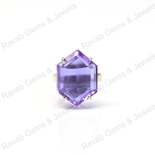 New Arrival Top Quality Solid 925 Sterling Silver Purple Amethyst Quartz Hexagon Cut Shape Ring for Women Fine Handmade Jewelry