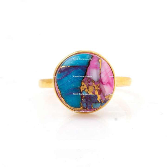 Beautiful 12mm Natural Mix Oyster Orange Purple Copper Turquoise Sterling Silver Jewelry Gold Plated Boho Round Ring for Her