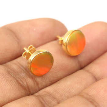 New Arrival 10mm Orange Fire Opal Synthetic Flat Stud Earrings Solid 925 Sterling Silver 18K Gold Filled Girls Party Wear Gift