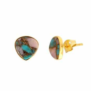Beautiful 18k Gold Plated Minimalist Stud Earrings Daily Wear 10mm Trillion Shape Pink Opal Copper Turquoise Fine 18k Gold Studs