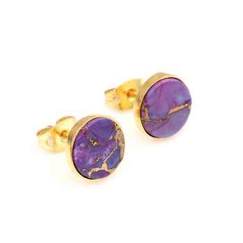 Best Selling 10mm Mohave Purple Copper Turquoise Gemstone Bezel 18K Gold Plated Dainty Sterling Silver Fine Stud Earrings Women