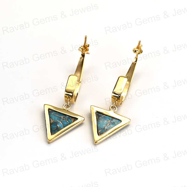 New Arrival Solid 925 Sterling Silver Natural Blue Copper Turquoise Smooth 18k Gold Plated Dangle Drop Fine Earring for Women