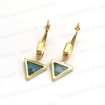 New Arrival Solid 925 Sterling Silver Natural Blue Copper Turquoise Smooth 18k Gold Plated Dangle Drop Fine Earring for Women