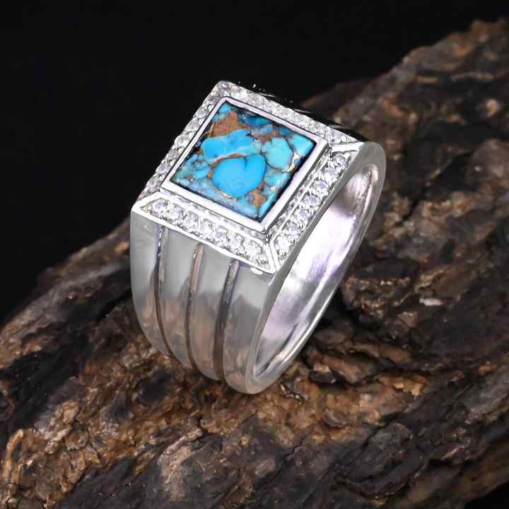 Top Quality Solid 925 Sterling Silver Natural Blue Copper Turquoise Square 10mm Bezel Setting Trending Men's Ring Fine Jewelry