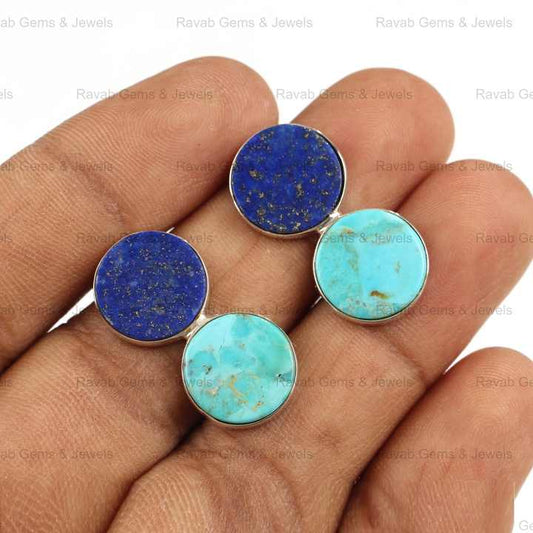 Top Selling 10mm Turquoise & Lapis Lazuli Coin Gemstone Stud Earrings Genuine 925 Sterling Silver Unisex Fine Jewelry for Women