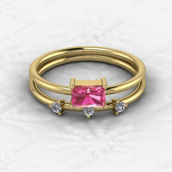 Top Selling Genuine 925 Silver 6X4mm Baguette Cut Pink Cubic Zirconia Women Eternity Gold Vermeil Ring for Fine Custom Jewelry