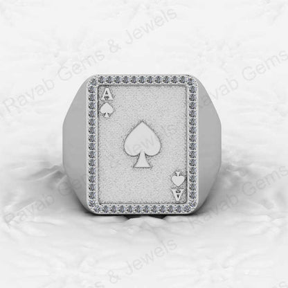 Top Selling Men's 925 Silver Accented Playing Card Gambler Ace Black Spade Signet Embossed Ring Zircon Diamond Motorhead Jewelry