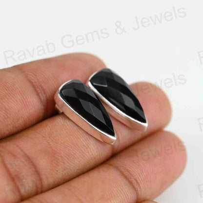Best Quality 925 Solid Sterling Silver Women's Shield Shape Stud Earring Natural Black Onyx Checker Cut 10x20mm Bezel Gift