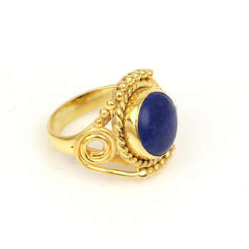 Best Selling 18K Gold Plated Handmade Designer Bezel Ring 8mm Natural Lapis Lazuli Gemstone Fine Sterling Silver Jewelry Women