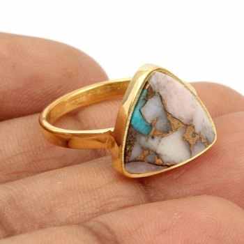 Solid 925 Sterling Silver Women's Fine Ring 18K Gold Filled Pink Opal Copper Turquoise 12mm Trillion Bezel Setting Elegant