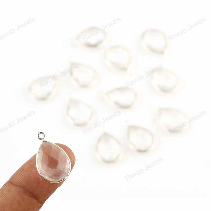 Top Findings Supplier Natural Clear Crystal Quartz Pear Gemstone 92.5 Sterling Silver Bezel Pendant Connector Charms for Jewelry