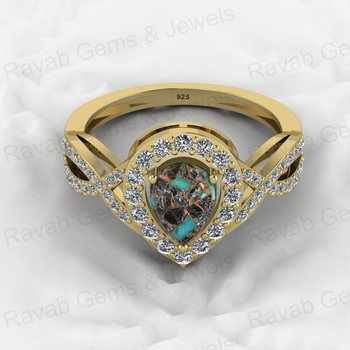 Best Selling 18K Gold Plated Genuine 925 Silver 6x8mm Mohave Blue Black Copper Turquoise CZ Ring for Cocktail Weddings
