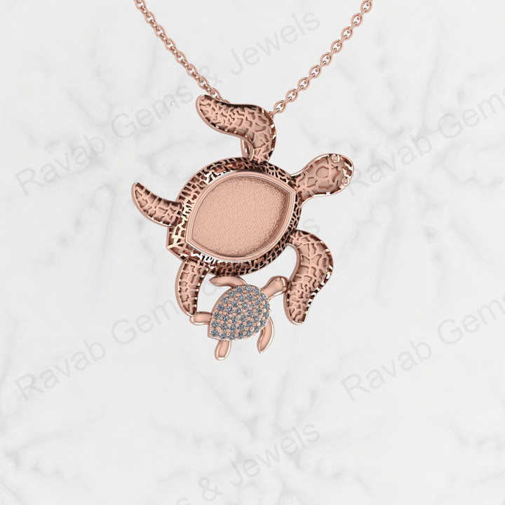 Genuine 925 Silver Mom & Baby Tortoises Marquise Semi Mount CZ Charm Pendant Setting for Ashes & Resin Work Breastmilk Jewelry