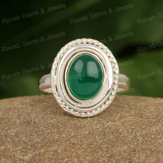 New Arrival Natural Green Onyx 8x10mm Oval Shape Multi Bezel Solid 925 Sterling Silver Ultimate Designer Women Handmade Ring