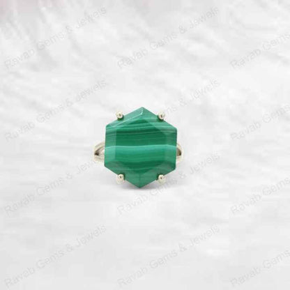 Top Selling 925 Silver Natural 14mm Malachite Hexagon Cut Stone Gold Vermeil Eternity Wedding Band Ring Fine Jewelry for Women