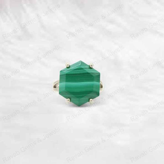 Top Selling 925 Silver Natural 14mm Malachite Hexagon Cut Stone Gold Vermeil Eternity Wedding Band Ring Fine Jewelry for Women