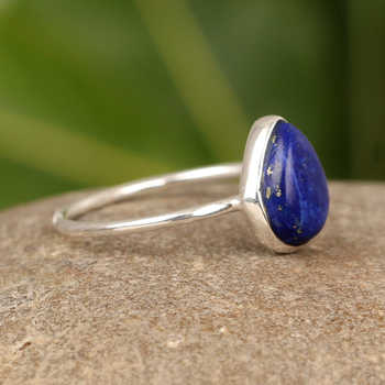 Top Selling 925 Sterling Silver Dainty Design Fine Ring 10x14mm Lapis Lazuli Gemstone Pear Shape for Women's Engagement Party