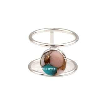 Solid 925 Sterling Silver Double Band Ring Handmade 10mm Bezel Setting Natural Mohave Pink Opal Copper Weddings Parties