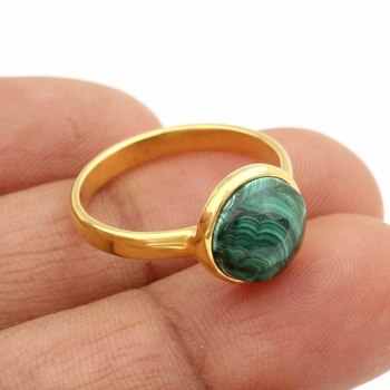 Top Quality Solid 925 Sterling Silver Natural Malachite Round Gemstone 18k Gold Filled Bezel Setting Ring for Women's Jewelry