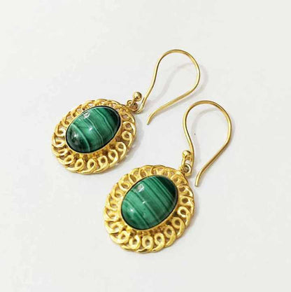 Top Quality Genuine Green Malachite 10x14mm Oval Shape Bezel Setting Solid 925 Sterling Silver 14k Gold Plated Dangle Earring