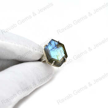 Superb Quality Solid 925 Sterling Silver Natural Flashy Labradorite Hexagon Shape Prong Ring Handmade Fine Jewelry for Women