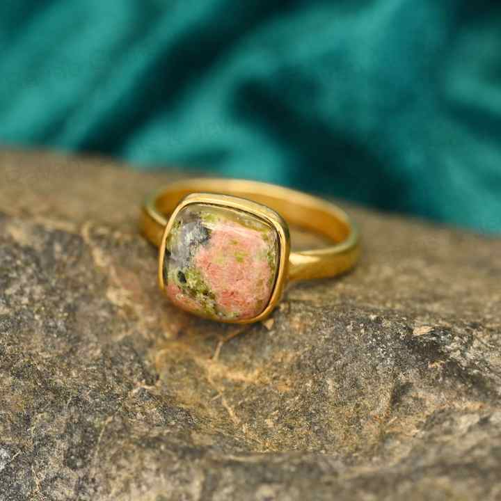 Hot Selling Solid 925 Sterling Silver Natural Unakite Cushion Shape 12mm Bezel Setting 18k Gold Filled Fine Ring for Women