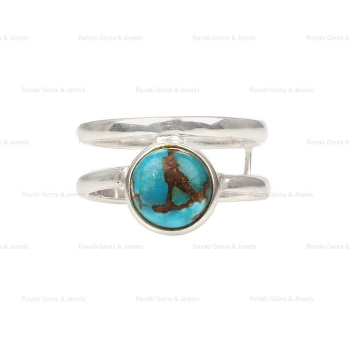 Genuine 925 Sterling Silver Natural Blue Copper Turquoise Round Shape Double Band Ring For Women Fine Handmade Jewelry Suppliers