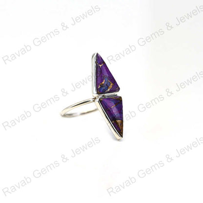 Best Quality Solid 925 Sterling Silver Purple Copper Turquoise Tringle Shape Bezel Setting Ring for Women Fine Handmade Jewelry