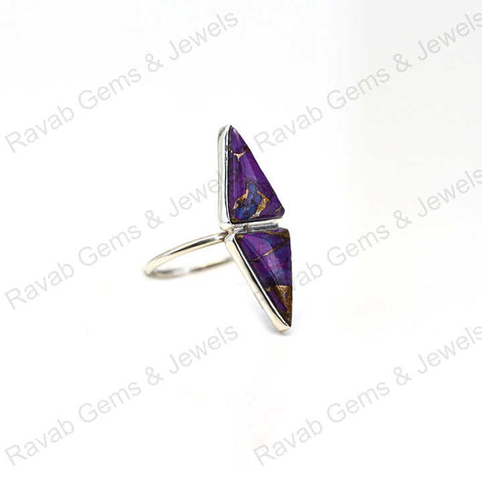 Best Quality Solid 925 Sterling Silver Purple Copper Turquoise Tringle Shape Bezel Setting Ring for Women Fine Handmade Jewelry