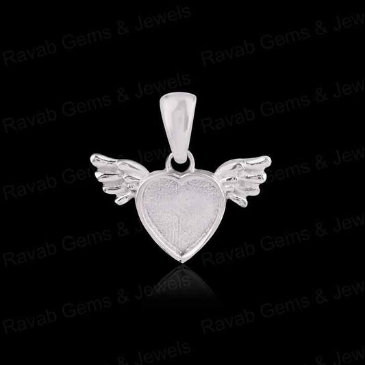 Genuine 925 Sterling Silver 8mm Heart With Angel Wings Semi Mounting Pendant Blank Setting for Resin & Ashes Work DIY Jewelry
