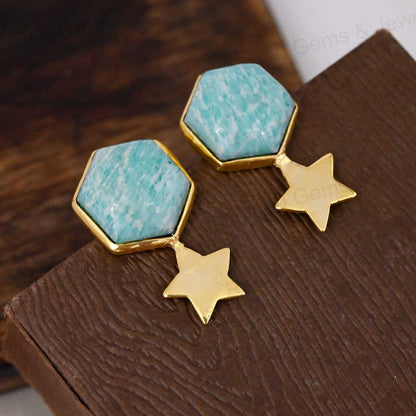 Beautiful 12mm Amazonite Hexagon Gemstone With Star Handmade Solid 925 Silver 18k Gold Drop Drizzle Earring Fine Jewelry For Her