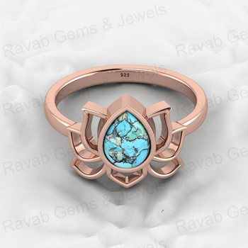 Best Selling 18K Gold Plated Genuine 6x8mm 925 Silver Blue Copper Turquoise Lotus Flower Ring for Women Fine Jewelry