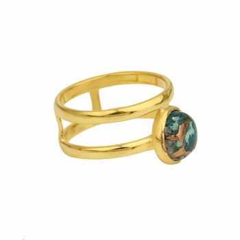 18K Gold Plated 925 Silver Boho Vintage Double Band Ring Beautiful 8mm Natural Chrysocolla Copper Gemstone Her Fine Jewelry