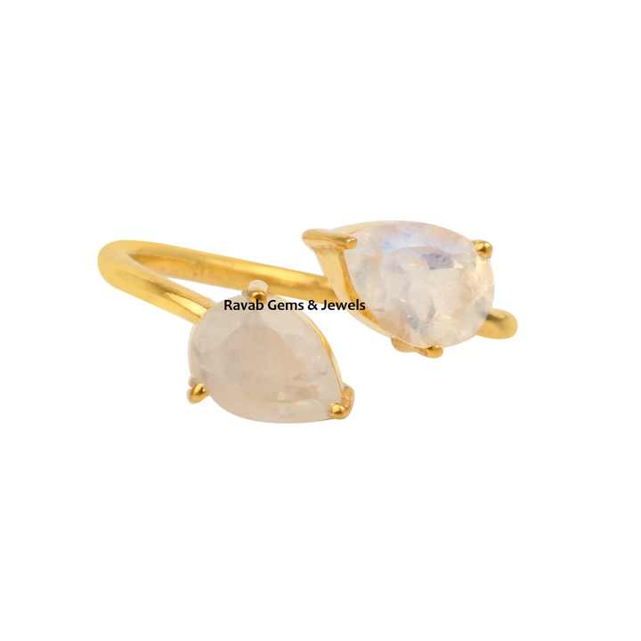 Top Selling Natural 6x4mm Pear Rainbow Moonstone Jewelry 18k Gold Plated Silver Dainty Teardrop Adjustable Prong Ring for Women
