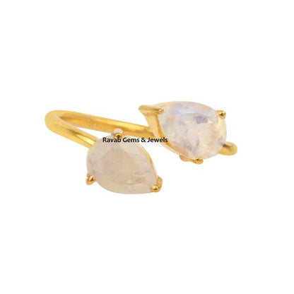 Top Selling Natural 6x4mm Pear Rainbow Moonstone Jewelry 18k Gold Plated Silver Dainty Teardrop Adjustable Prong Ring for Women