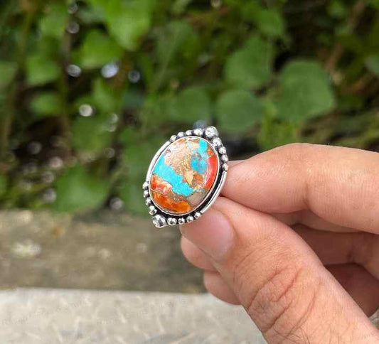 Valentine Sale Natural Multi Color Spiny Oyster Turquoise Oval 10x14mm Solid 925 Sterling Silver Beaded Fine Ring for Womens