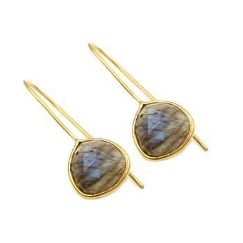 High Quality 925 Sterling Silver 18K Gold Plated Natural Labradorite 10mm Trillion Rose Cut Dangle Drop Earrings for Women