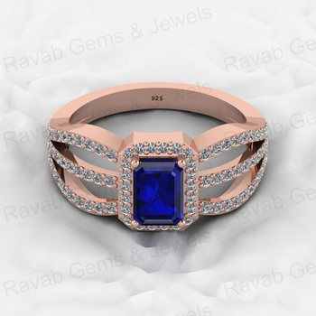 Best Selling 18K Gold Plated 7x5mm 925 Silver Sapphire Hydro Rectangle Diamond Halo CZ Ring for Women for Weddings Fine Jewelry