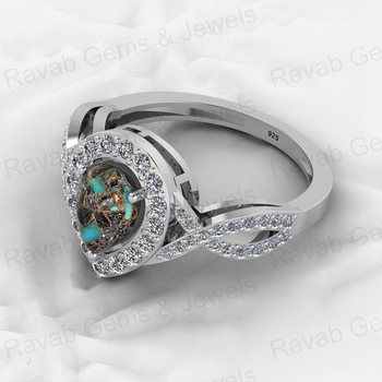 Best Selling 18K Gold Plated Genuine 925 Silver 6x8mm Mohave Blue Black Copper Turquoise CZ Ring for Cocktail Weddings