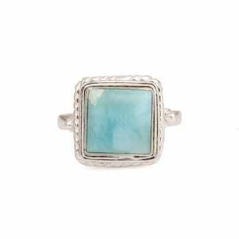 Best Quality Handmade Boho Style Square Shape Ring Genuine 10mm Dominican Larimar Gemstone Set in Genuine Sterling Silver