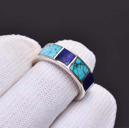 New Arrival Genuine 925 Sterling Silver Natural Lapis Lazuli Turquoise 4mm-6x4mm Ethnic Handmade Fine Wedding Ring Manufactures