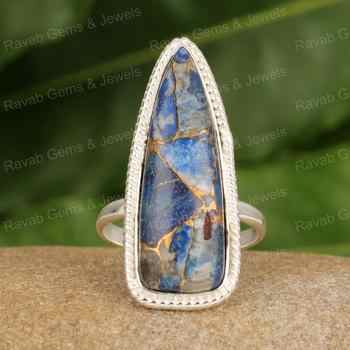 Best Selling 925 Sterling Silver Women's Designer Cocktail Ring Genuine Lapis Lazuli Copper Trillion Shape 10x20mm Fine Jewelry