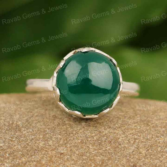 New Arrival Genuine Deep Green Onyx Gemstone Round Shape 12mm Solid 925 Sterling Silver Women Crown Design Handcrafted Ring