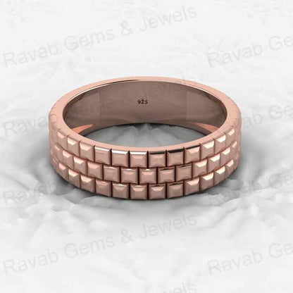 Best Selling Genuine 925 Sterling Silver Gold Vermeil Wedding Band Brick Pattern 5mm Eternity Wide Band Men's Ring Fine Jewelry