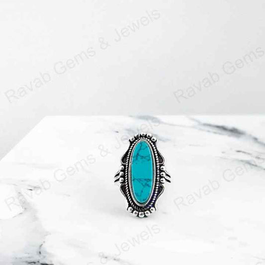 Solid 925 Sterling Silver Blue Tibetan Texture Turquoise Long Oval 10x30mm Handmade Ring for Women Fine Handmade Jewelry