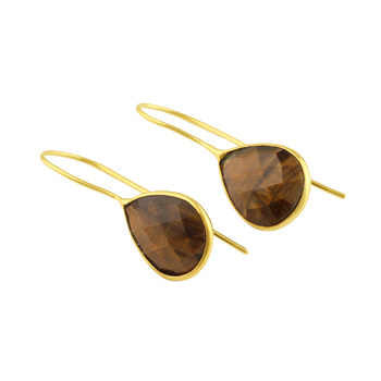 High Quality Women's 925 Sterling Silver 18K Gold Filled Genuine Tiger Eye Checker Cut 10x14mm Pear Drop Dangle Earrings